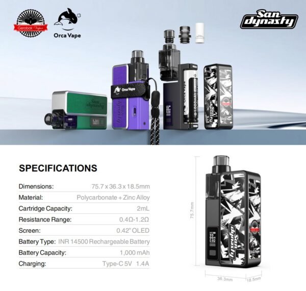 【San Dynasty小海豚主機】含2ml空倉×2+1000mAh可拆電池+掛繩